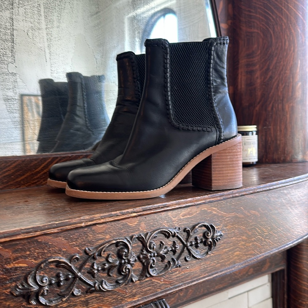Boden Black Leather Ankle Boots with Tan Stacked Heel